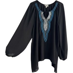 Cato Womens Plus 26/28W Black Embroidered Sequin Peasant Blouse Boho Top